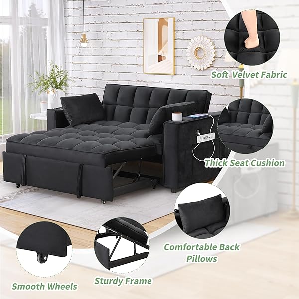 Sofá cama convertible multifuncional 3 en 1 tamaño Queen, cómodo sofá cama extraíble de terciopelo de 63,8"