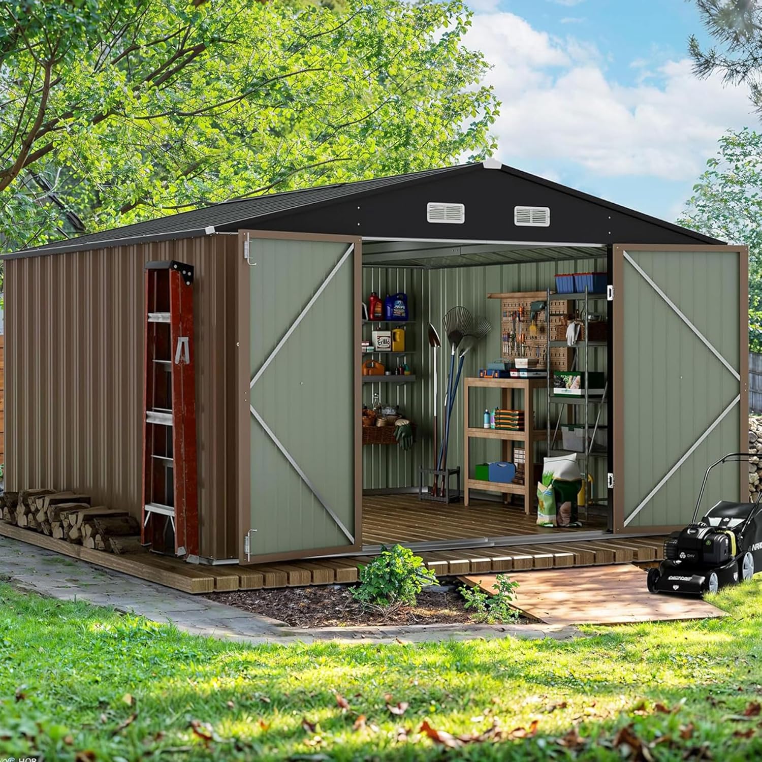 Devoko - Cobertizo grande de almacenamiento exterior de 3 x 3 m, cobertizo metálico de jardín y espacio de almacenamiento exterior, para herramientas, una sola puerta con cerradura, marrón