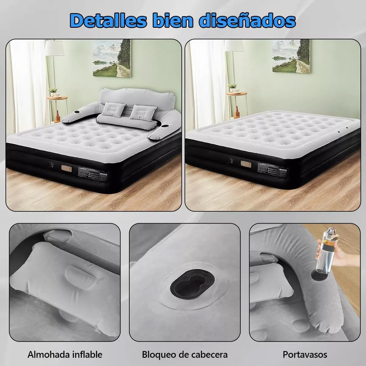 GARUISKY Colchón Inflable Matrimonial con Respaldo y Bomba de Aire, Cama Inflable con Almohadas para Interior/Exterior, Rápido Inflado en 3 Minutos