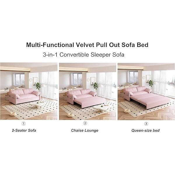Sofá cama convertible multifuncional 3 en 1 tamaño Queen, cómodo sofá cama extraíble de terciopelo de 63,8"