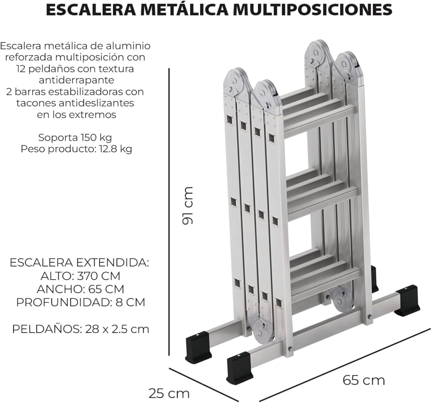Escalera Multiposiciones de 3.5 Metros Aluminio Recta Tijera Andomio Plegable Versatil Antideslizante para Uso Interior Y Exterior De 12 Peldaños Alta Calidad