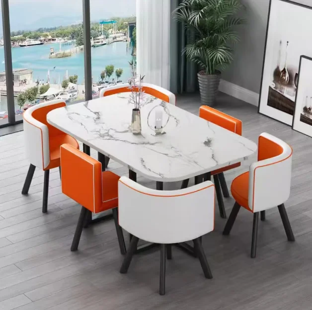 Nueva mesa de comedor clásica moderna con encimera de mármol blanco para sala de estar con juego de 6 sillas