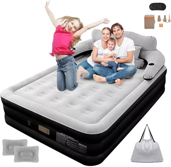 GARUISKY Colchón Inflable Matrimonial con Respaldo y Bomba de Aire, Cama Inflable con Almohadas para Interior/Exterior, Rápido Inflado en 3 Minutos
