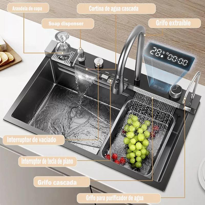 Fregadero lsidoro Acero Inoxidable con Grifo LED Multimodal 80x45x21 cm Tres modos de chorro de agua Aplicación de múltiples escenarios Accesorios completos Gris oscuro