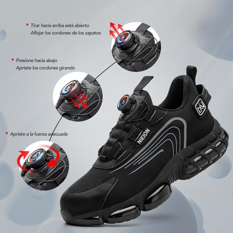NIEION Botas de Trabajo con Punta de Acero y Antipunción para Hombres y Mujeres - Transpirables, Antideslizantes con Cordones y Hebilla Giratoria, Duraderas para Actividades al Aire Libre, Parte Superior de Malla Negra y Gris, Zapatos con Punta de Acero