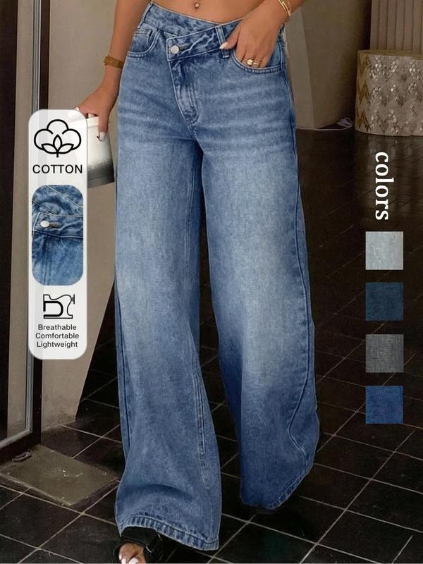 Jeans asimétricos de cintura baja y pierna ancha para mujer, con diseño de bolsillos con cremallera; moda casual para todas las estaciones. Compra por tiempo limitado.