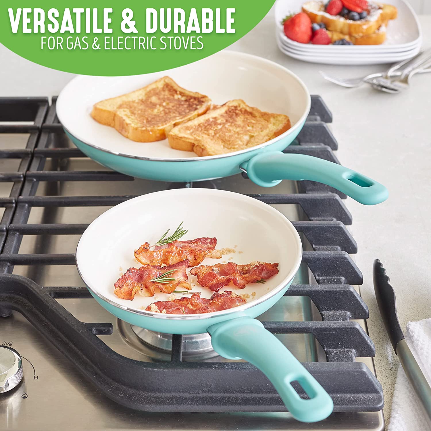 Soft Grip Healthy Ceramic Nonstick 16 Piece Cookware Pots and Pans Set, PFAS-Free, Dishwasher Safe, Turquoise