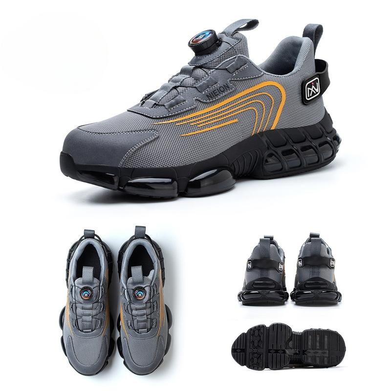 NIEION Botas de Trabajo con Punta de Acero y Antipunción para Hombres y Mujeres - Transpirables, Antideslizantes con Cordones y Hebilla Giratoria, Duraderas para Actividades al Aire Libre, Parte Superior de Malla Negra y Gris, Zapatos con Punta de Acero