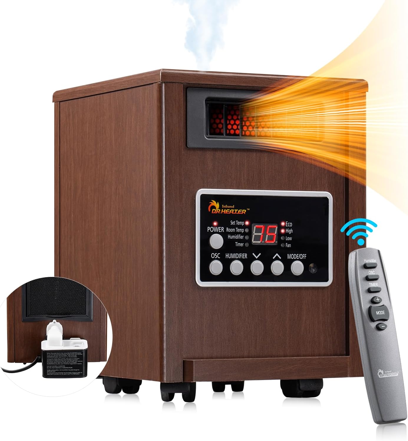 Calefactor DR-991: Calefactor eléctrico portátil tipo chimenea con humidificador y control remoto, calor infrarrojo, efecto de llama 3D, temporizador, funcionamiento silencioso, 1500 W, certificación ETL, de pie, pantalla LED.