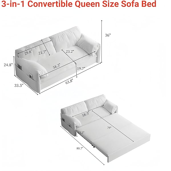 Sofá cama convertible multifuncional 3 en 1 tamaño Queen, cómodo sofá cama extraíble de terciopelo de 63,8"