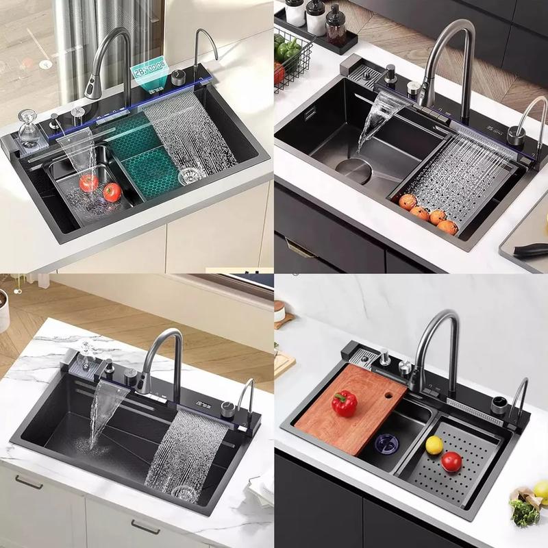 Fregadero lsidoro Acero Inoxidable con Grifo LED Multimodal 80x45x21 cm Tres modos de chorro de agua Aplicación de múltiples escenarios Accesorios completos Gris oscuro