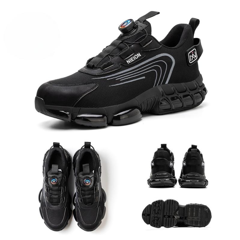 NIEION Botas de Trabajo con Punta de Acero y Antipunción para Hombres y Mujeres - Transpirables, Antideslizantes con Cordones y Hebilla Giratoria, Duraderas para Actividades al Aire Libre, Parte Superior de Malla Negra y Gris, Zapatos con Punta de Acero