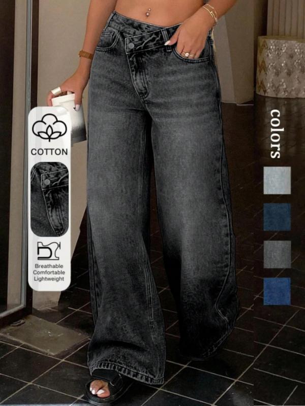 Jeans asimétricos de cintura baja y pierna ancha para mujer, con diseño de bolsillos con cremallera; moda casual para todas las estaciones. Compra por tiempo limitado.