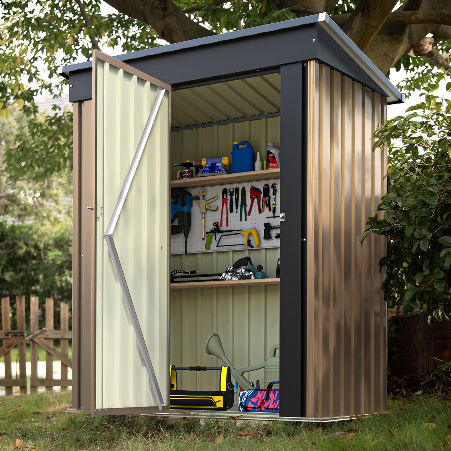 Devoko - Cobertizo grande de almacenamiento exterior de 3 x 3 m, cobertizo metálico de jardín y espacio de almacenamiento exterior, para herramientas, una sola puerta con cerradura, marrón
