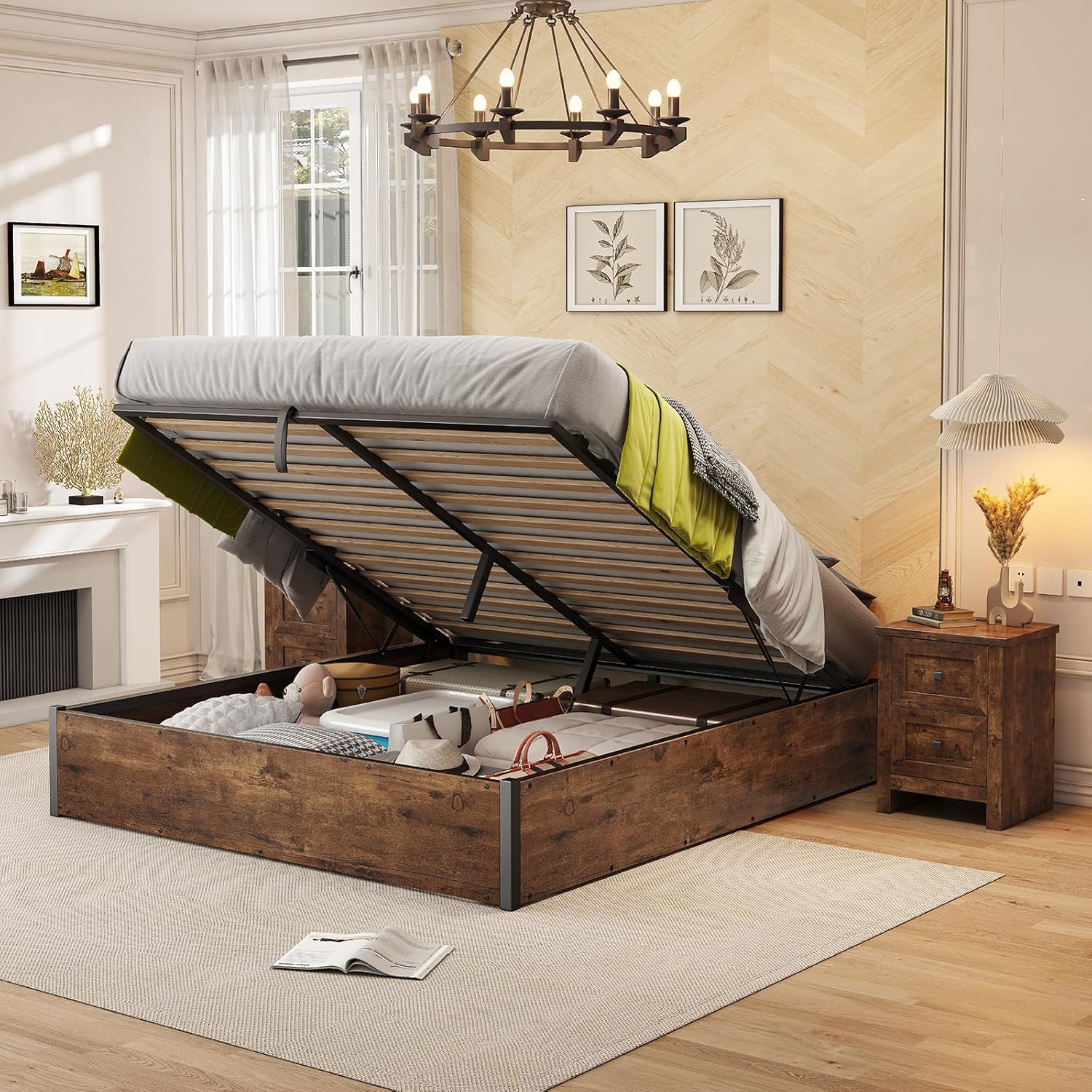 AMERLIFE - Cama de almacenamiento elevable, marco de cama King con almacenamiento debajo