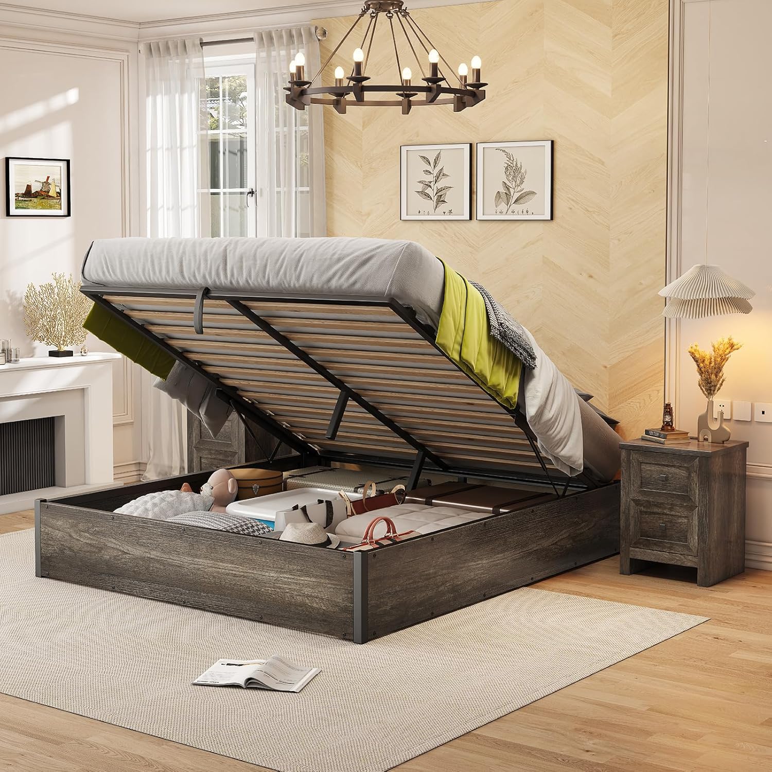 AMERLIFE - Cama de almacenamiento elevable, marco de cama King con almacenamiento debajo