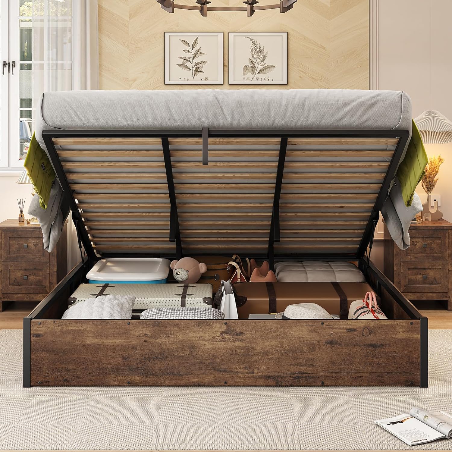 AMERLIFE - Cama de almacenamiento elevable, marco de cama King con almacenamiento debajo