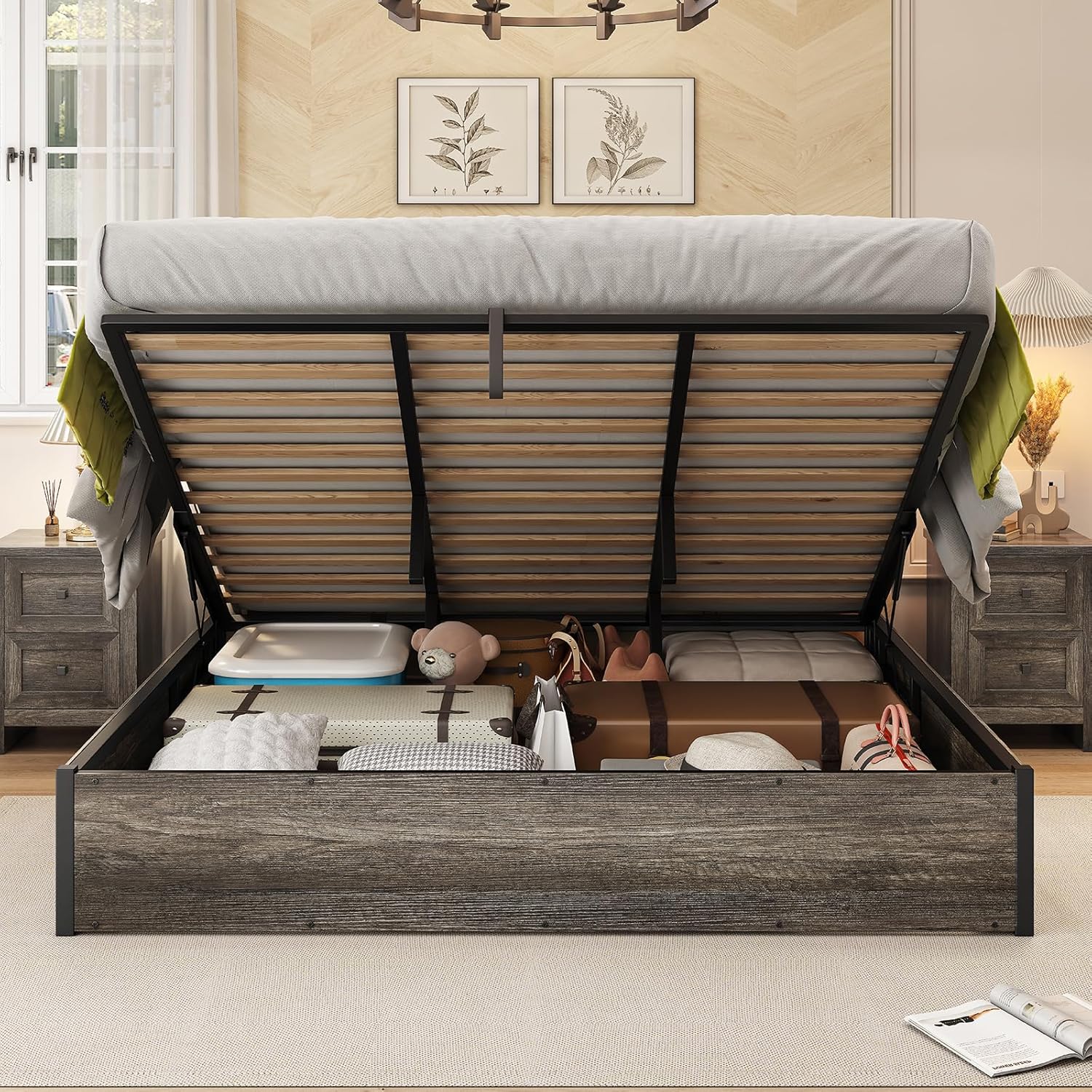 AMERLIFE - Cama de almacenamiento elevable, marco de cama King con almacenamiento debajo