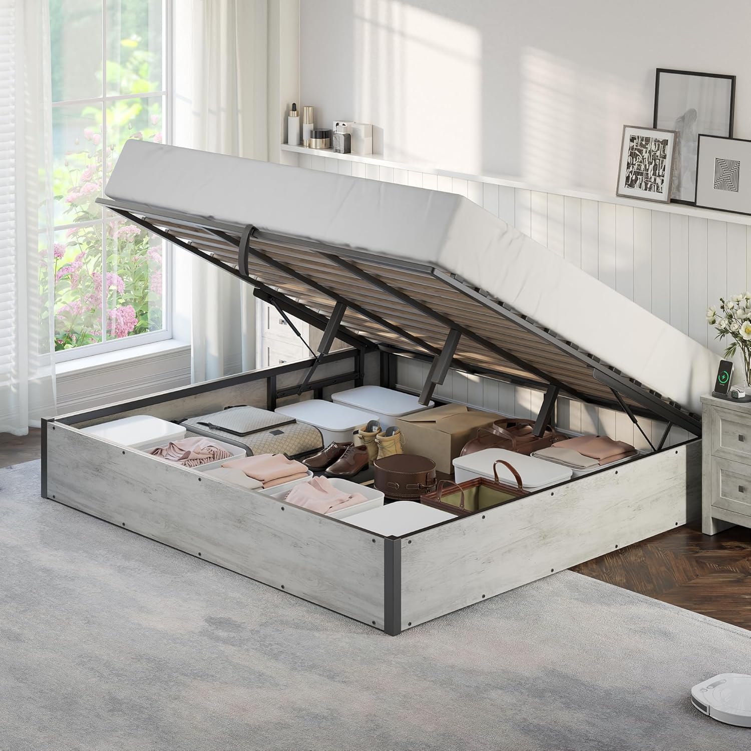 AMERLIFE - Cama de almacenamiento elevable, marco de cama King con almacenamiento debajo