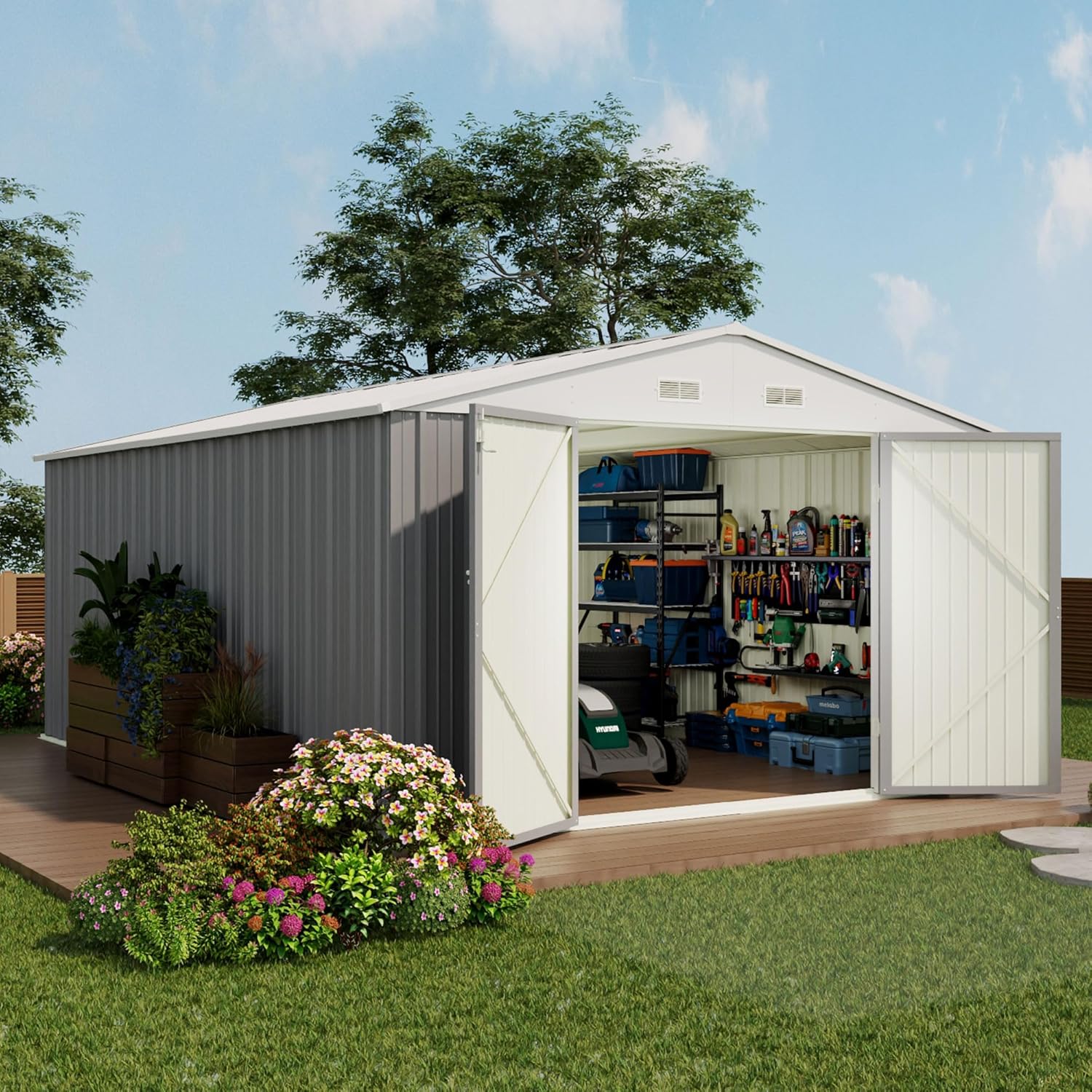 Devoko - Cobertizo grande de almacenamiento exterior de 3 x 3 m, cobertizo metálico de jardín y espacio de almacenamiento exterior, para herramientas, una sola puerta con cerradura, marrón