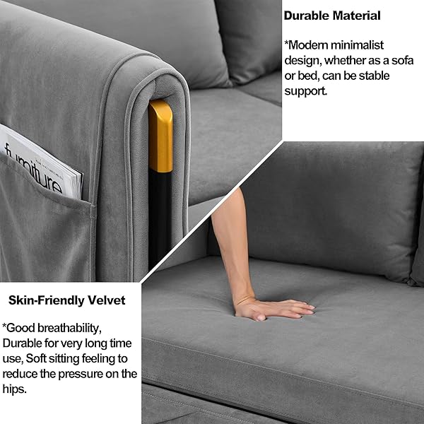 Sofá cama convertible multifuncional 3 en 1 tamaño Queen, cómodo sofá cama extraíble de terciopelo de 63,8"