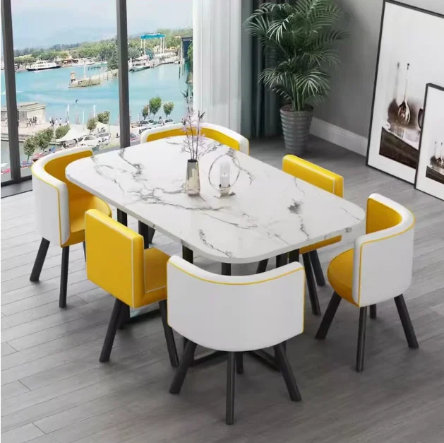 Nueva mesa de comedor clásica moderna con encimera de mármol blanco para sala de estar con juego de 6 sillas