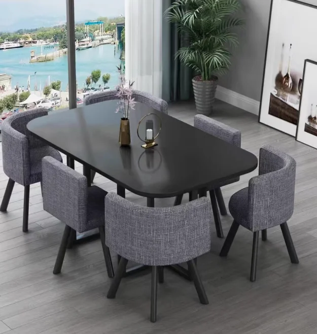 Nueva mesa de comedor clásica moderna con encimera de mármol blanco para sala de estar con juego de 6 sillas