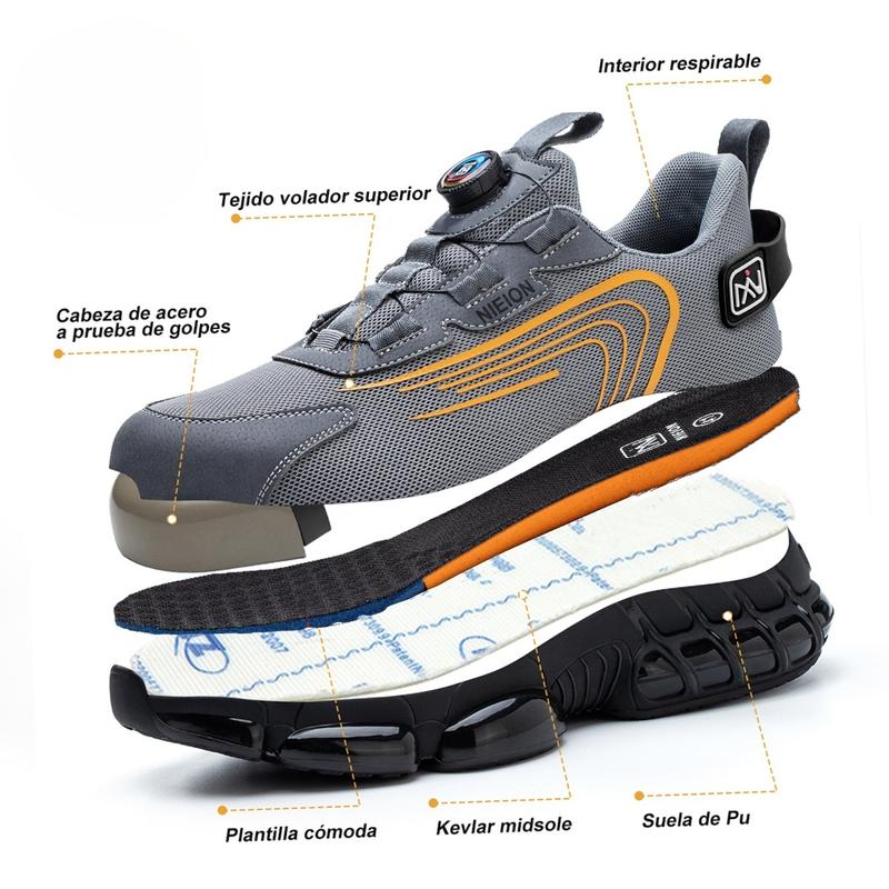 NIEION Botas de Trabajo con Punta de Acero y Antipunción para Hombres y Mujeres - Transpirables, Antideslizantes con Cordones y Hebilla Giratoria, Duraderas para Actividades al Aire Libre, Parte Superior de Malla Negra y Gris, Zapatos con Punta de Acero