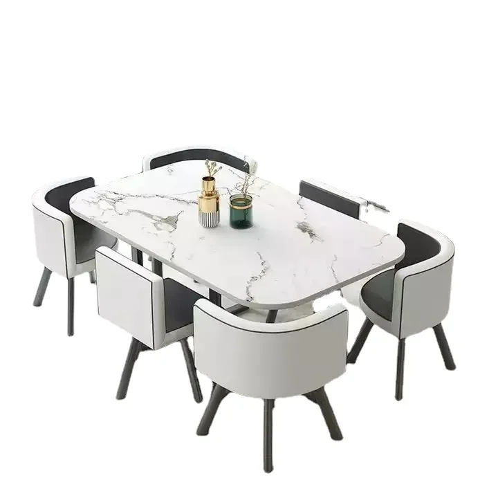 Nueva mesa de comedor clásica moderna con encimera de mármol blanco para sala de estar con juego de 6 sillas