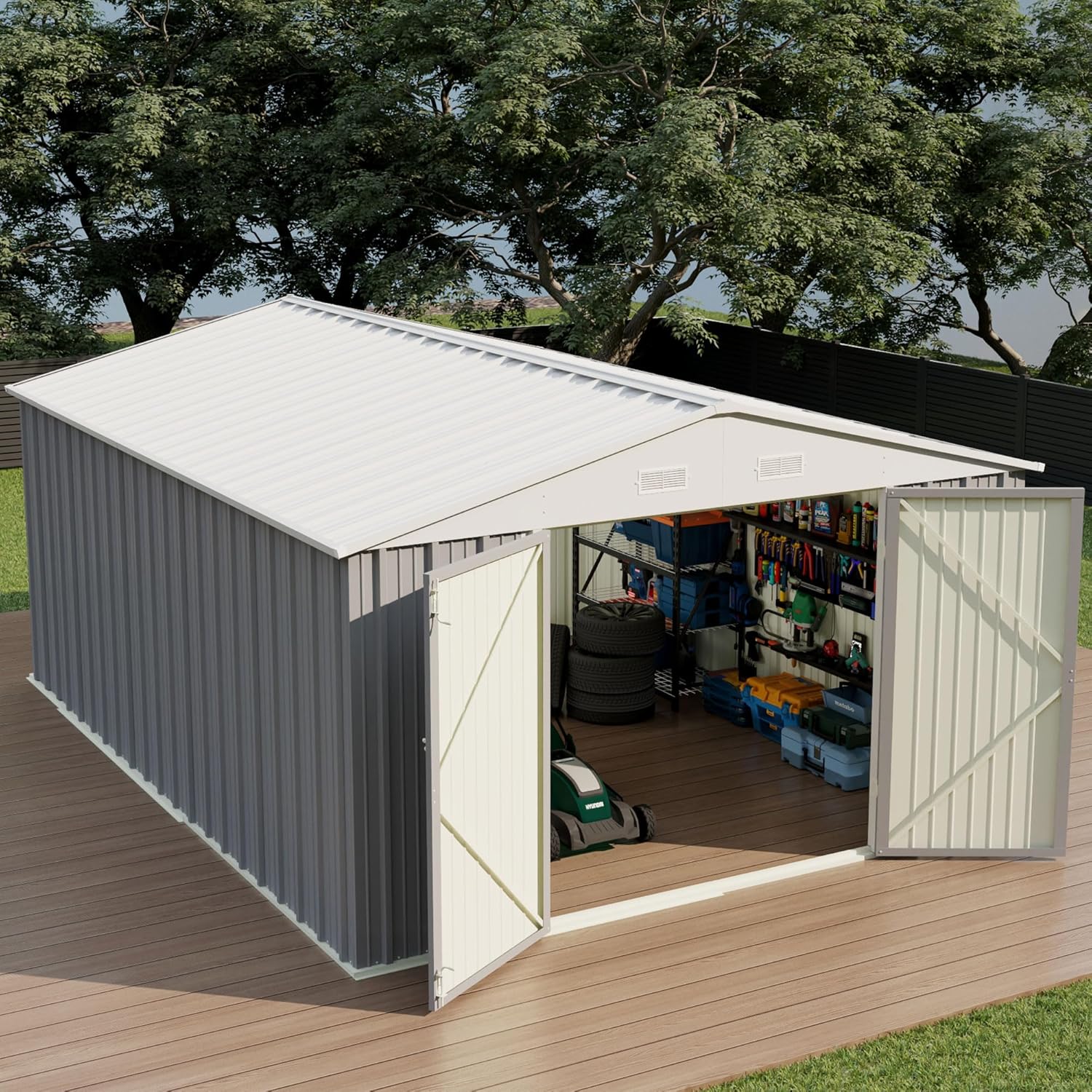 Devoko - Cobertizo grande de almacenamiento exterior de 3 x 3 m, cobertizo metálico de jardín y espacio de almacenamiento exterior, para herramientas, una sola puerta con cerradura, marrón