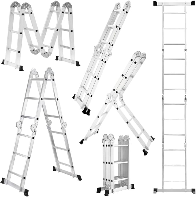 LUMO HOME Escalera 12 peldaños Plegable Tijera Multiposiciones de Aluminio Fondo Antideslizante para Uso Interior y Exterior