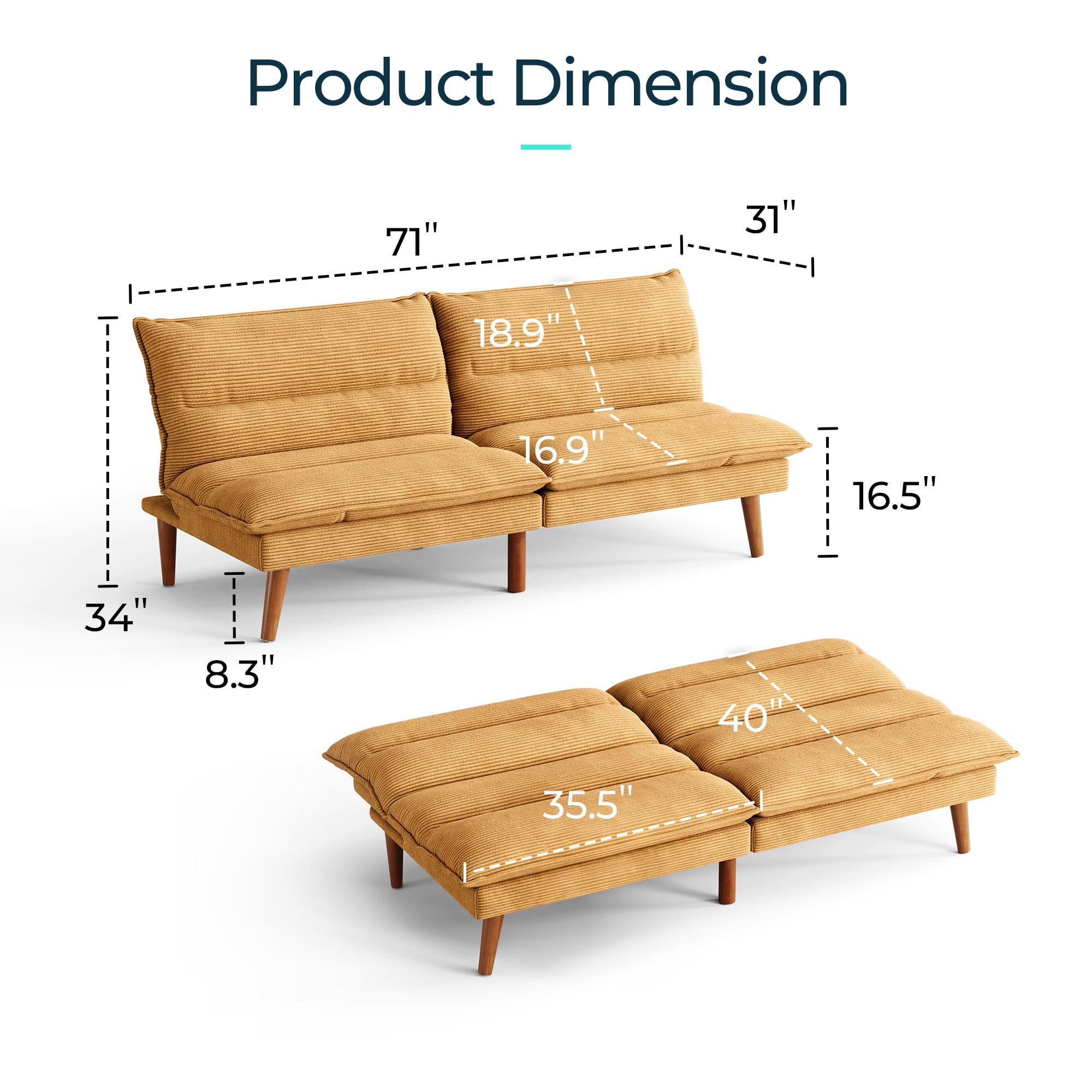 Linsy Home Sofá cama tipo futón convertible de pana de 71" de ancho
