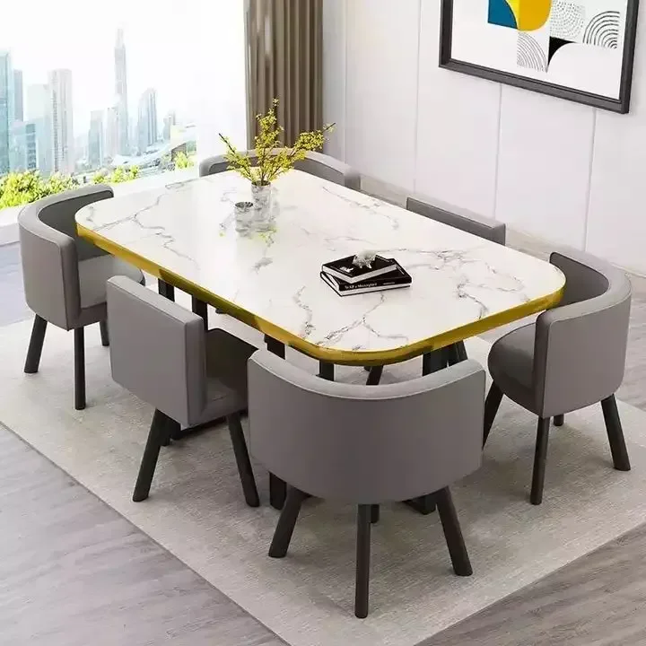 Nueva mesa de comedor clásica moderna con encimera de mármol blanco para sala de estar con juego de 6 sillas