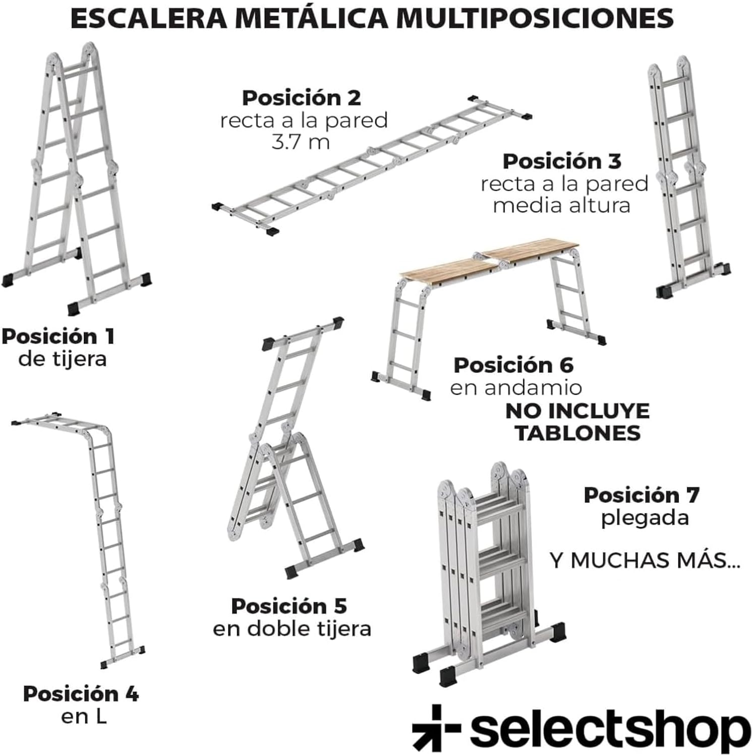 Escalera Multiposiciones de 3.5 Metros Aluminio Recta Tijera Andomio Plegable Versatil Antideslizante para Uso Interior Y Exterior De 12 Peldaños Alta Calidad