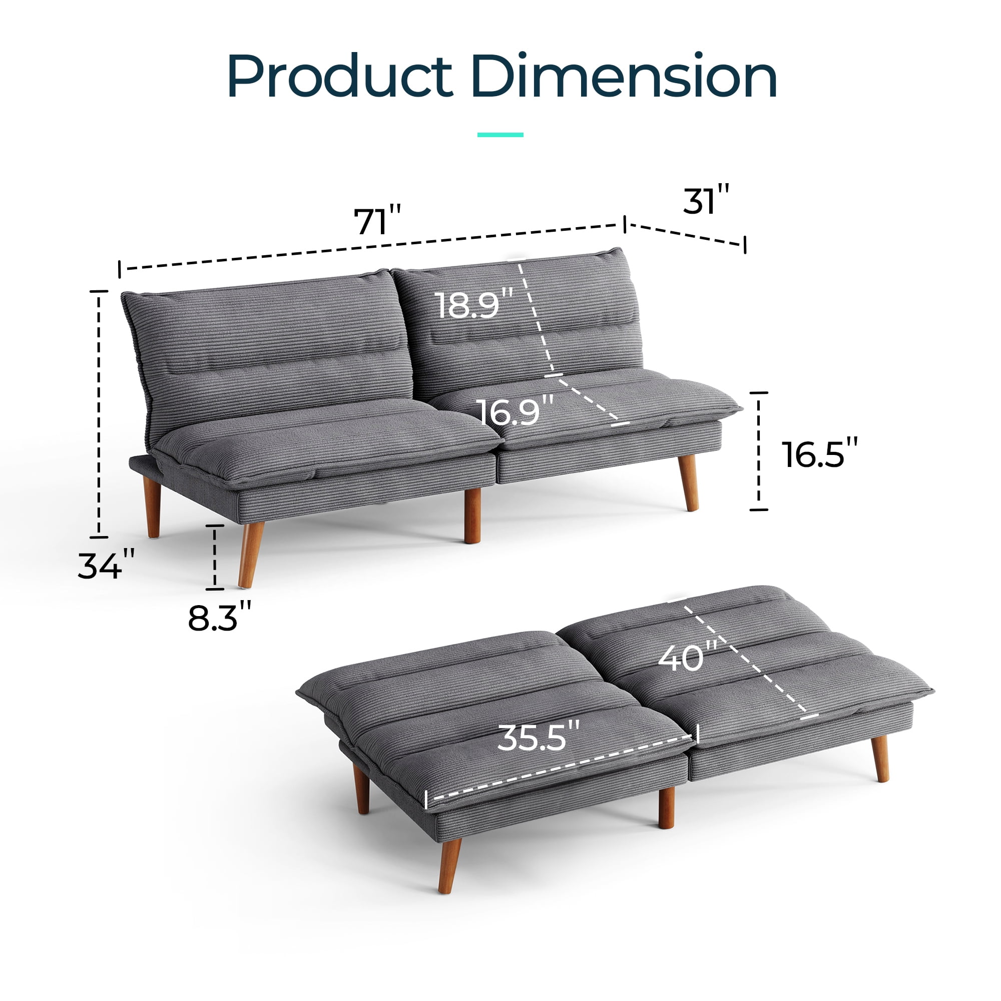 Linsy Home Sofá cama tipo futón convertible de pana de 71" de ancho
