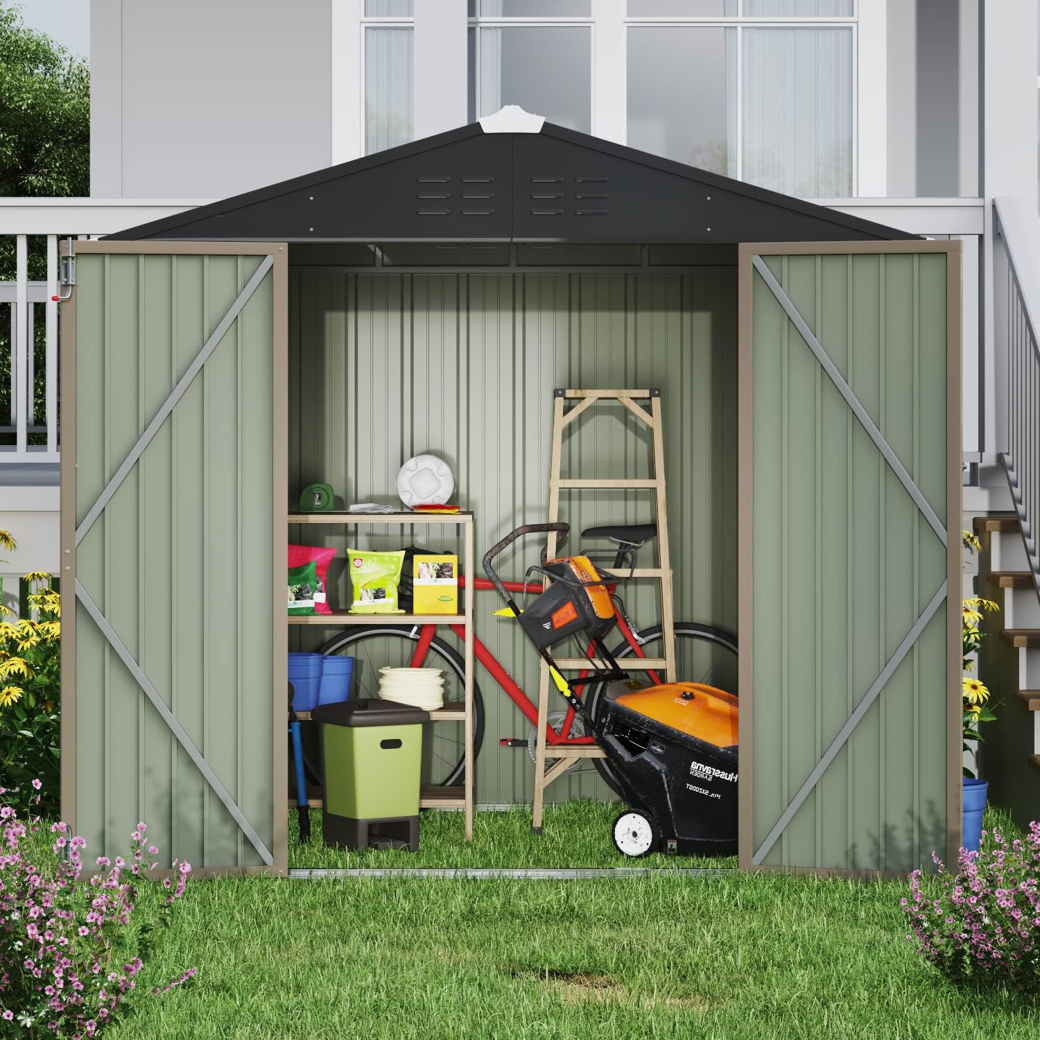 Devoko - Cobertizo grande de almacenamiento exterior de 3 x 3 m, cobertizo metálico de jardín y espacio de almacenamiento exterior, para herramientas, una sola puerta con cerradura, marrón