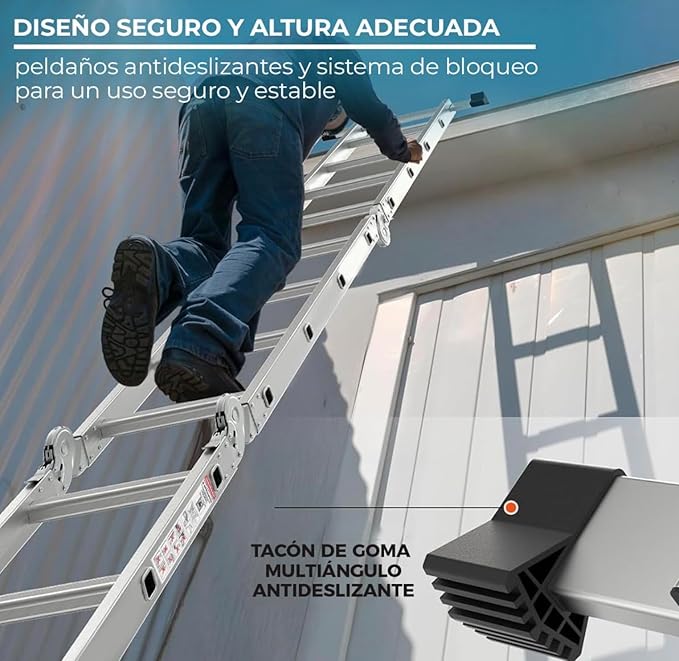 Escalera Multiposiciones de 3.5 Metros Aluminio Recta Tijera Andomio Plegable Versatil Antideslizante para Uso Interior Y Exterior De 12 Peldaños Alta Calidad
