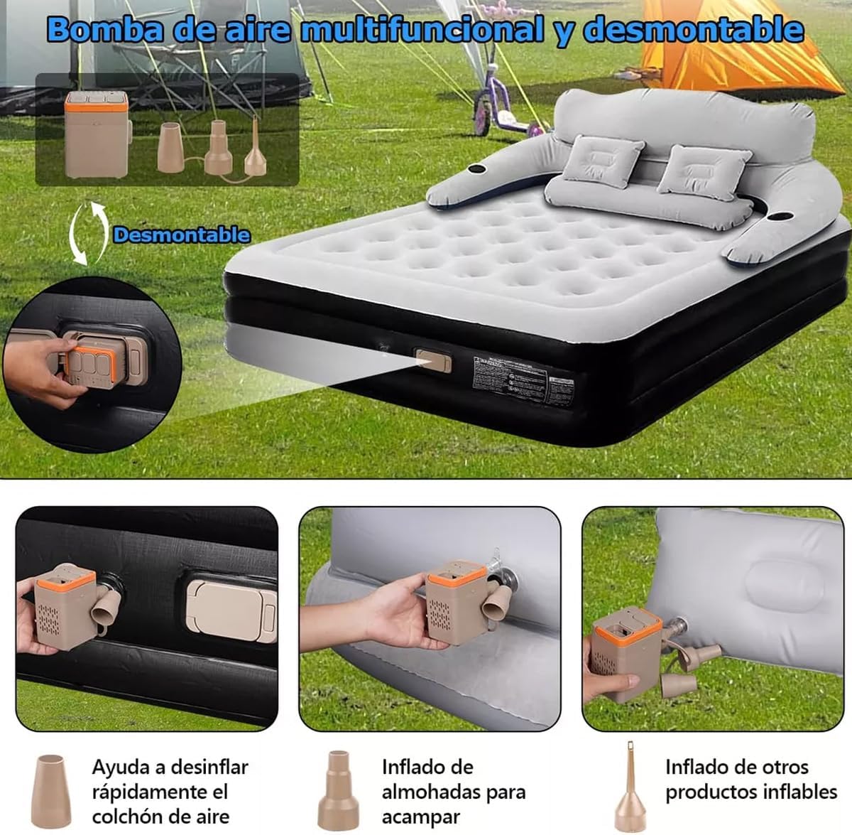 GARUISKY Colchón Inflable Matrimonial con Respaldo y Bomba de Aire, Cama Inflable con Almohadas para Interior/Exterior, Rápido Inflado en 3 Minutos