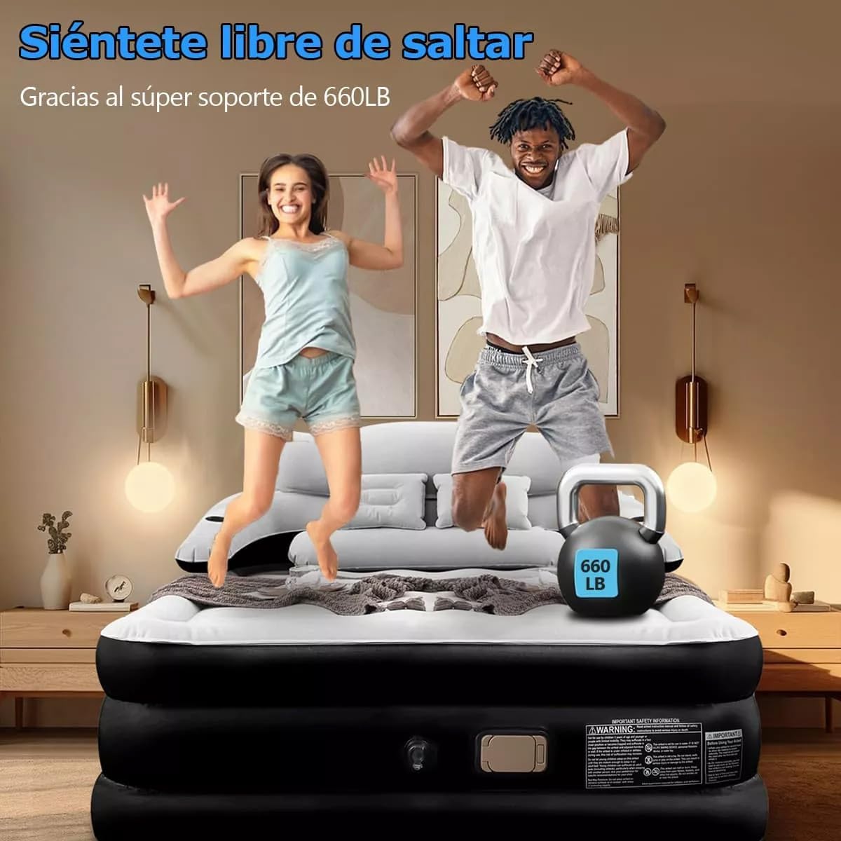 GARUISKY Colchón Inflable Matrimonial con Respaldo y Bomba de Aire, Cama Inflable con Almohadas para Interior/Exterior, Rápido Inflado en 3 Minutos