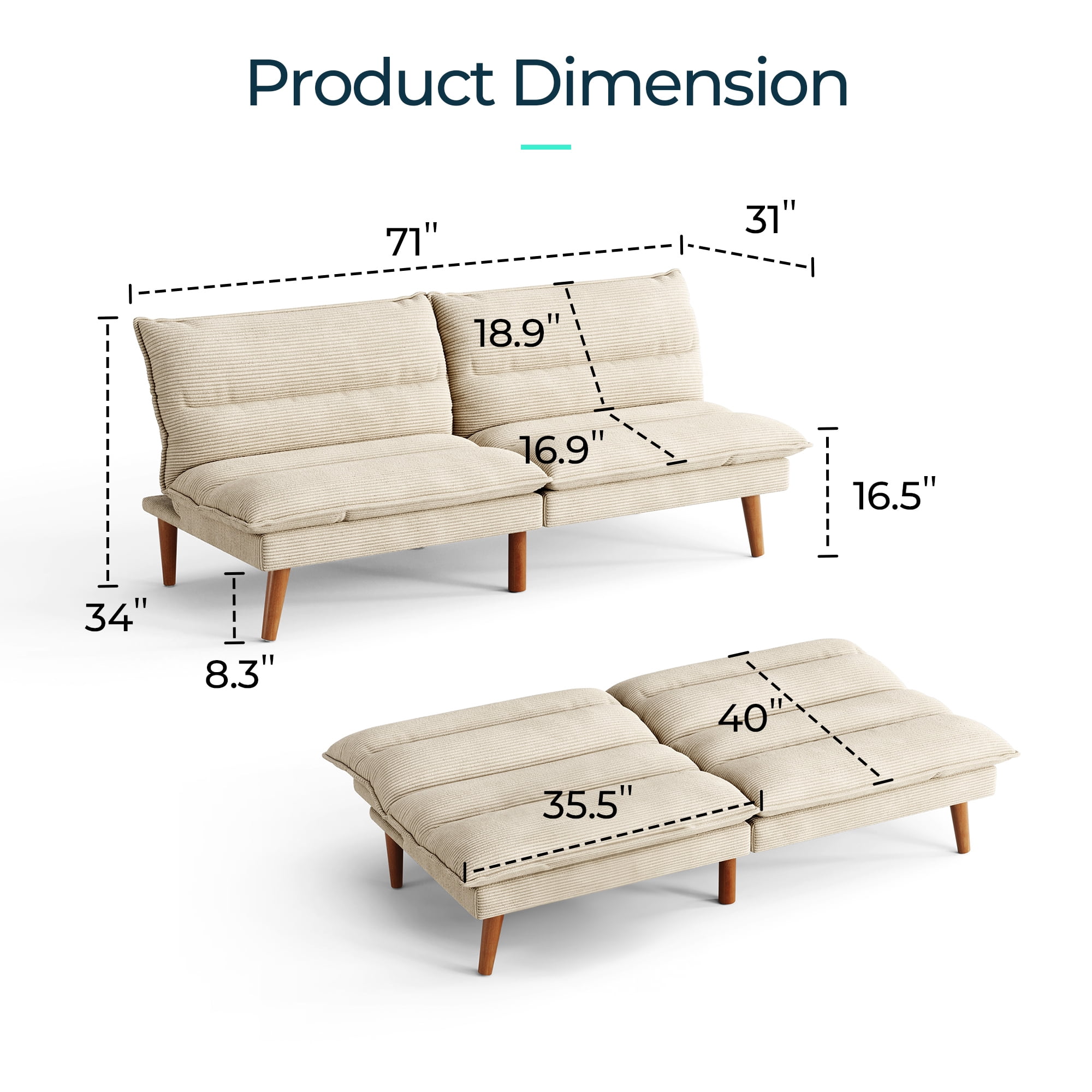 Linsy Home Sofá cama tipo futón convertible de pana de 71" de ancho