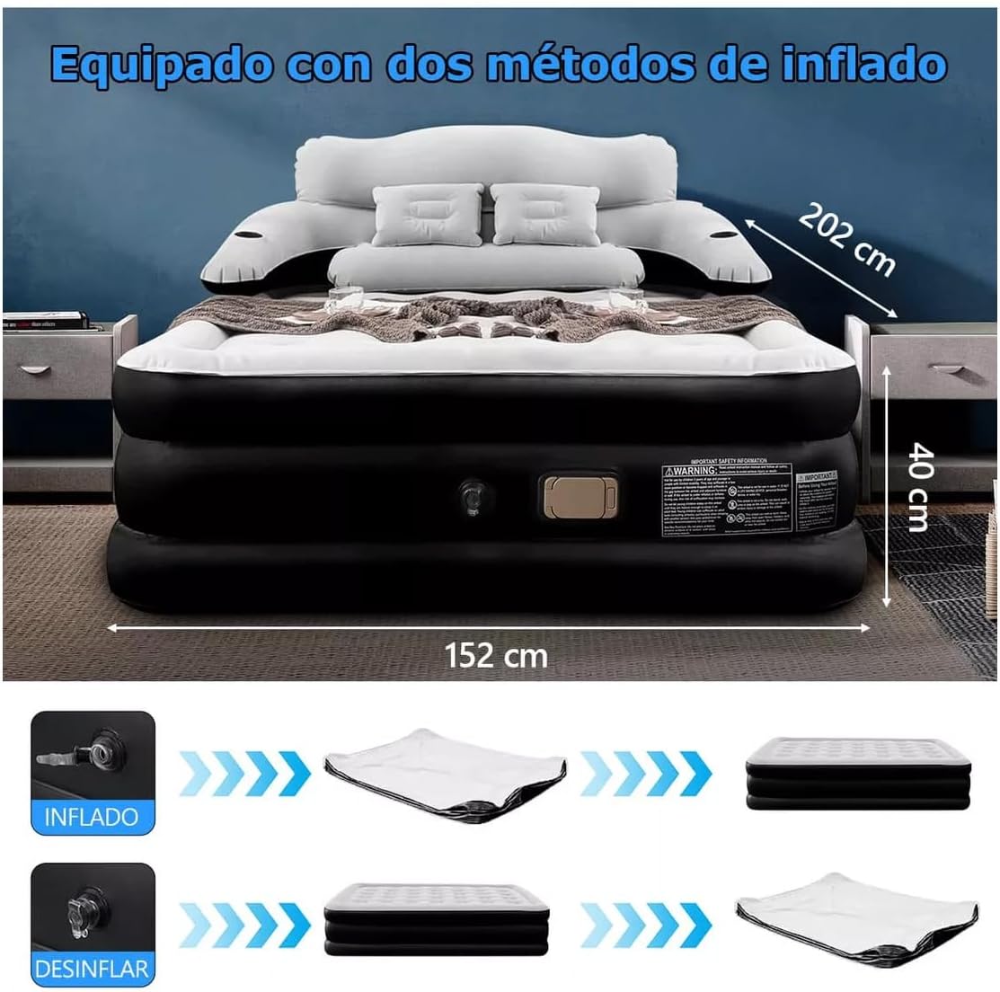 GARUISKY Colchón Inflable Matrimonial con Respaldo y Bomba de Aire, Cama Inflable con Almohadas para Interior/Exterior, Rápido Inflado en 3 Minutos