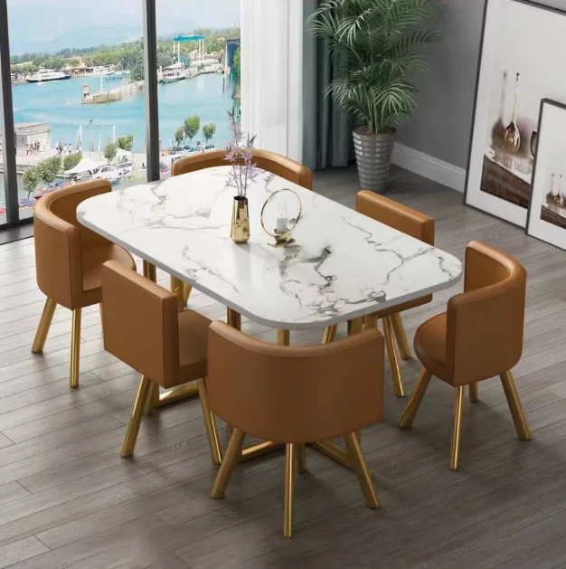 Nueva mesa de comedor clásica moderna con encimera de mármol blanco para sala de estar con juego de 6 sillas