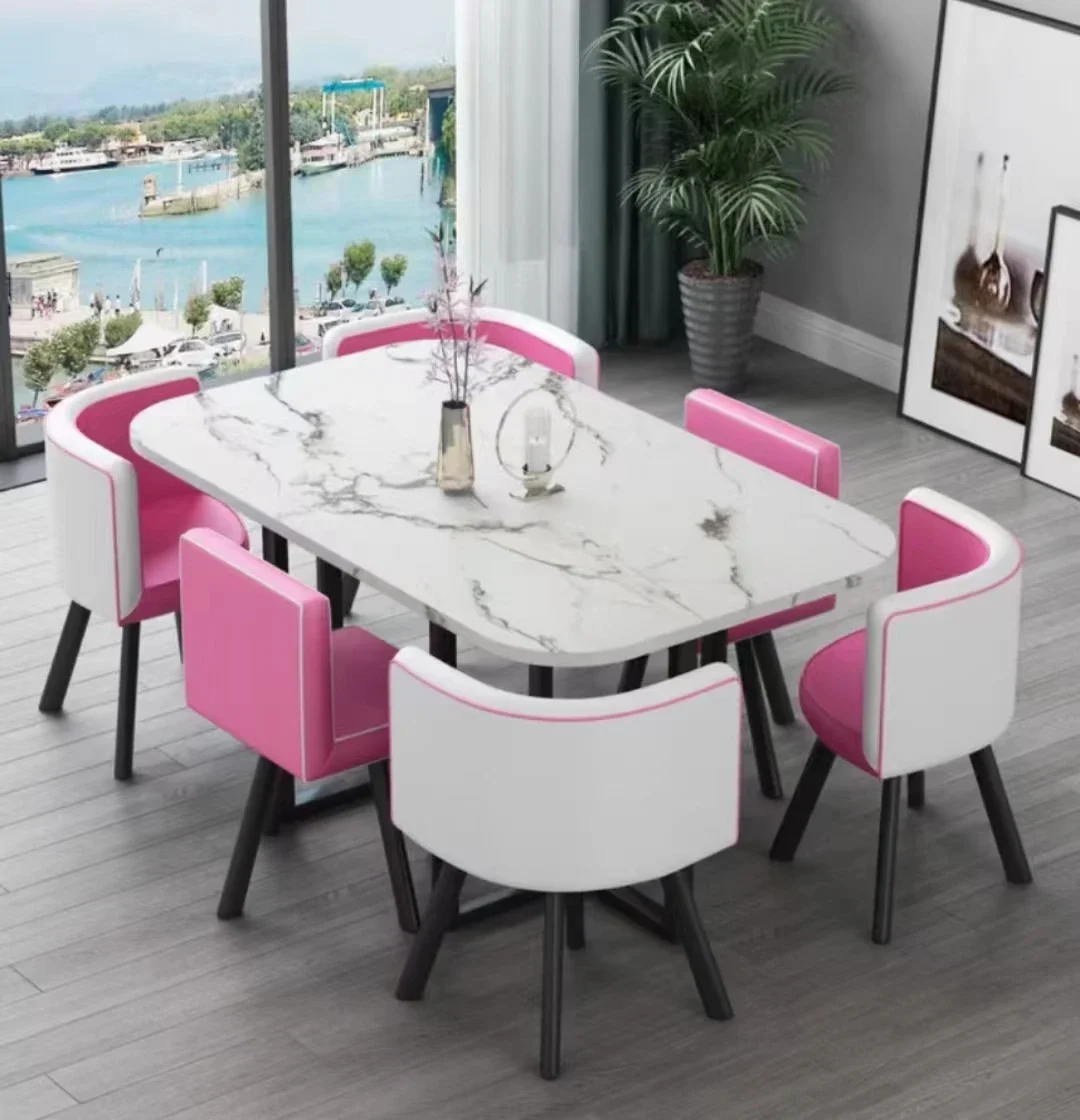 Nueva mesa de comedor clásica moderna con encimera de mármol blanco para sala de estar con juego de 6 sillas
