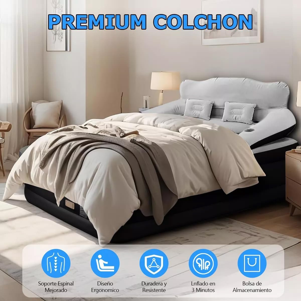GARUISKY Colchón Inflable Matrimonial con Respaldo y Bomba de Aire, Cama Inflable con Almohadas para Interior/Exterior, Rápido Inflado en 3 Minutos