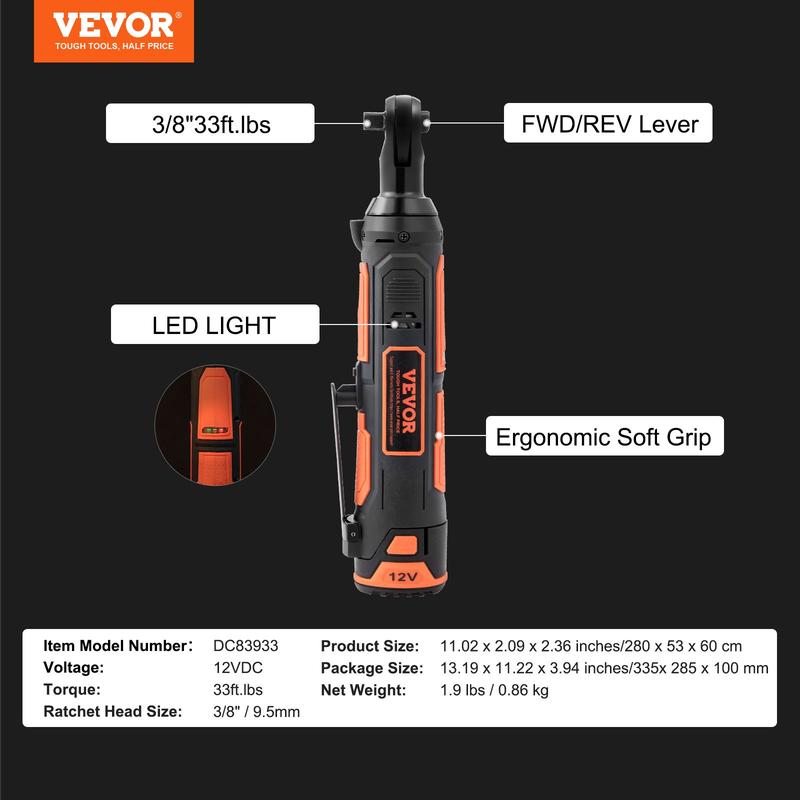 Juego de llave de carraca eléctrica inalámbrica de 3/8", kit de herramienta de carraca de 12 V y 33 lb-pie de potencia, carga rápida en 45 minutos, 2 baterías de 2.0 Ah, luz LED integrada.