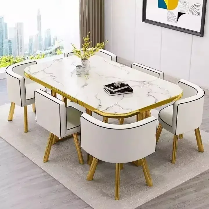 Nueva mesa de comedor clásica moderna con encimera de mármol blanco para sala de estar con juego de 6 sillas