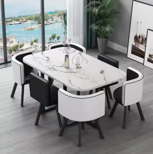 Nueva mesa de comedor clásica moderna con encimera de mármol blanco para sala de estar con juego de 6 sillas