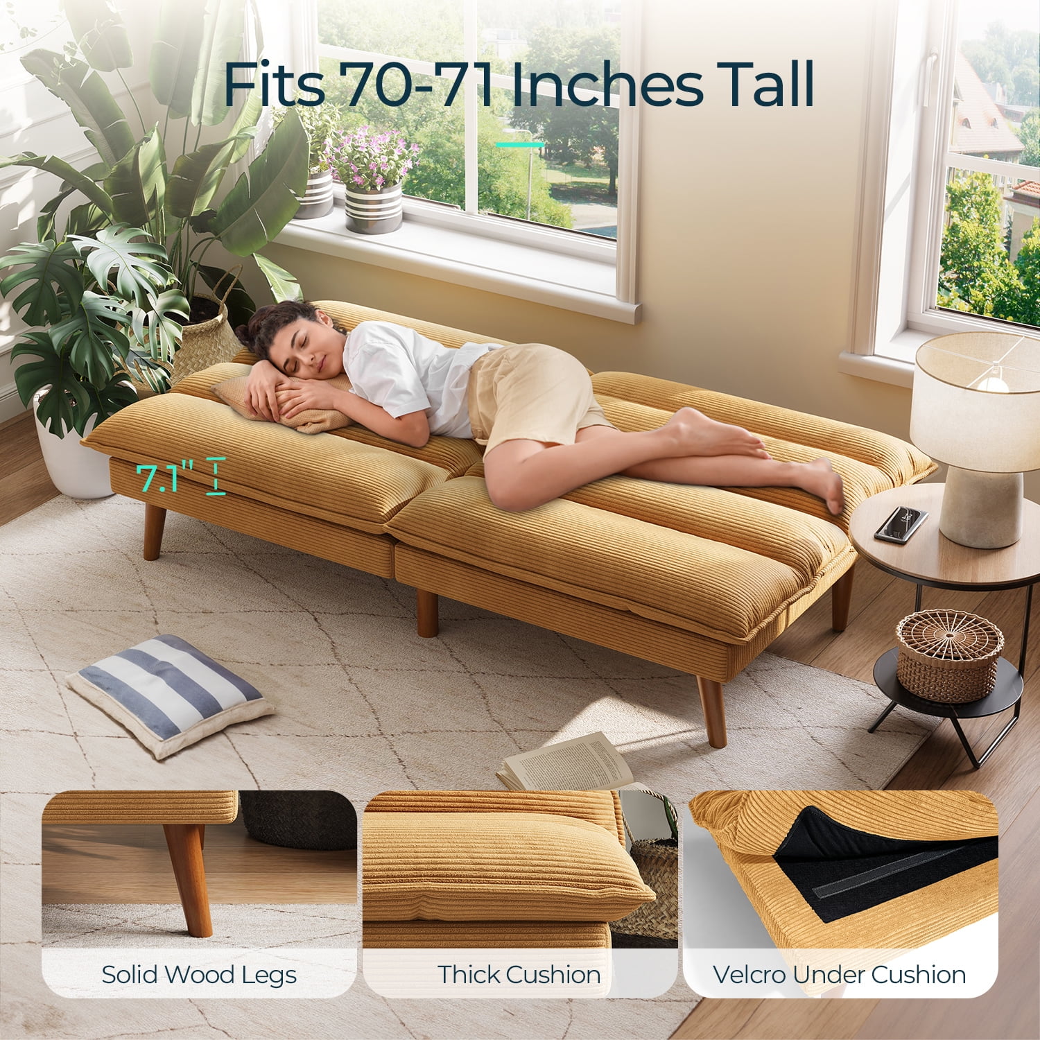 Linsy Home Sofá cama tipo futón convertible de pana de 71" de ancho