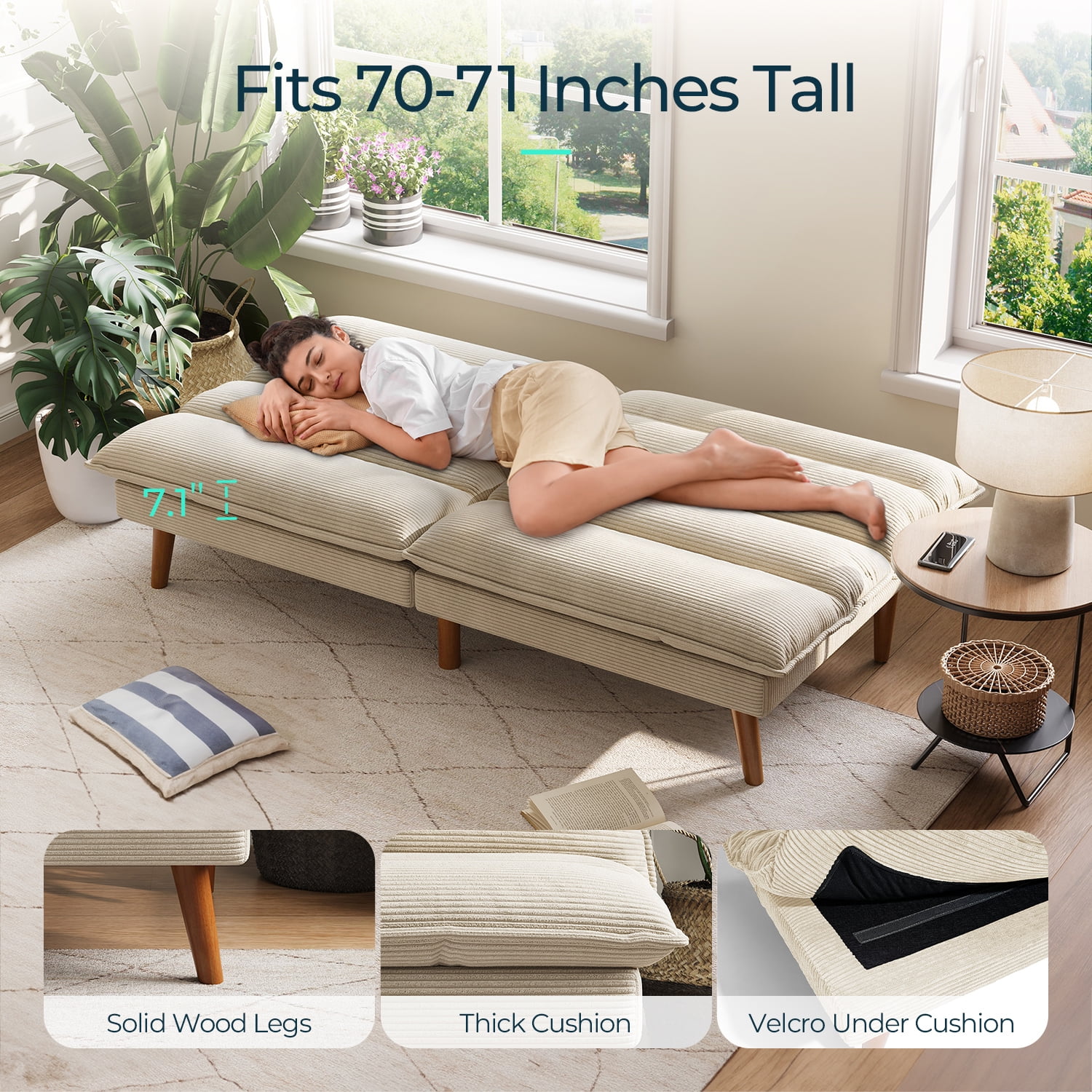 Linsy Home Sofá cama tipo futón convertible de pana de 71" de ancho