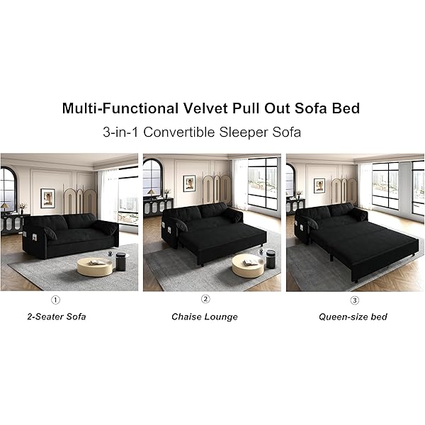 Sofá cama convertible multifuncional 3 en 1 tamaño Queen, cómodo sofá cama extraíble de terciopelo de 63,8"